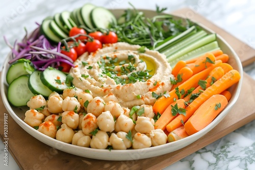 Bowl of hummus with fresh vegetables on a wooden background