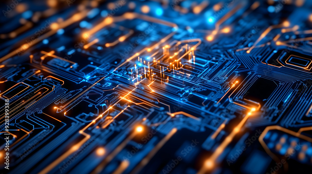 Abstract representation of data transferring on a circuit board, creating a complex network of connections Abstract representation of data transferring on a circuit board, creating a complex network of connections