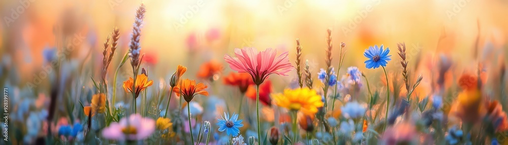 Beautiful Wildflower Meadow at Sunrise with Colorful Blossoms and Soft Sunlight in a Tranquil Natural Setting Beautiful Wildflower Meadow at Sunrise with Colorful Blossoms and Soft Sunlight in a Tranquil Natural Setting