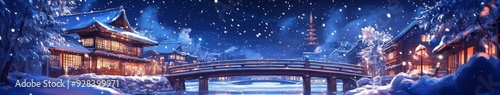 Winter's Enchantment: anime-style Traditional Architecture and Bridges in a Season of Serenity, the Ideal Canvas for Cozy Getaways and Idyllic Travel Posters in 4K,Anime-Style,illustration,Picture Boo