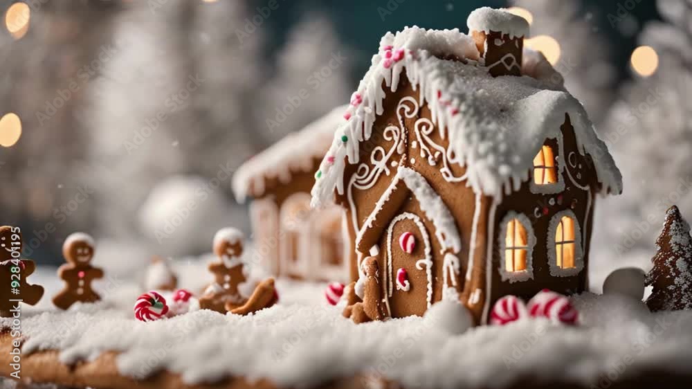 A close-up of a gingerbread house, with detailed icing and candy decorations, surrounded by powdered sugar “snow.” A close-up of a gingerbread house, with detailed icing and candy decorations, surrounded by powdered sugar “snow.”