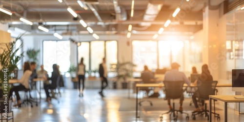 Abstract blurred interior modern office space with business people working banner background with copy space, Generative AI