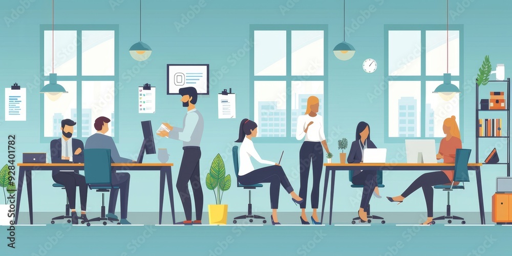 flat illustration group business team meeting and working collaboration in office workplace concept, Generative AI flat illustration group business team meeting and working collaboration in office workplace concept, Generative AI