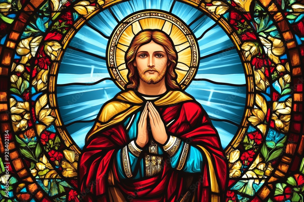 Fototapeta premium Vibrant stained glass window depicting Jesus Christ with a radiant halo, hands in prayer