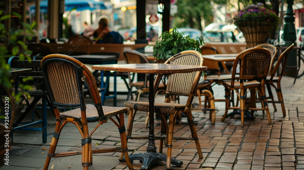 A welcoming caf?(C) terrace with empty chairs and tables, anticipating the day's visitors. A welcoming caf?(C) terrace with empty chairs and tables, anticipating the day's visitors.