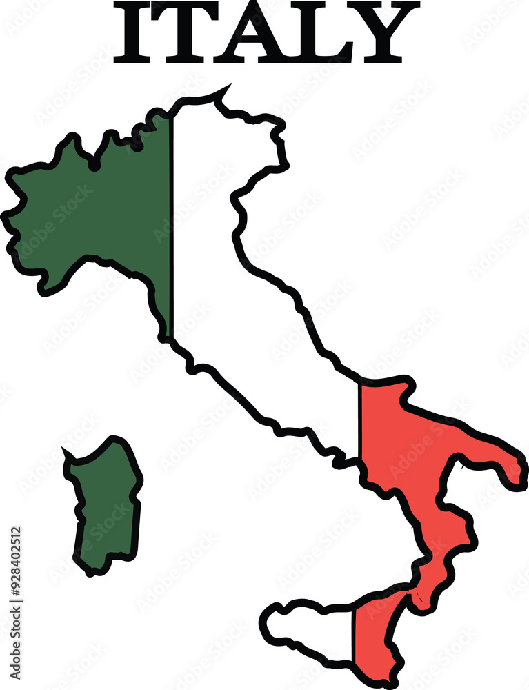 Fototapeta premium Silhouette of Italy with flag. Map of Italy. Print on T-shirt, cup, etc.