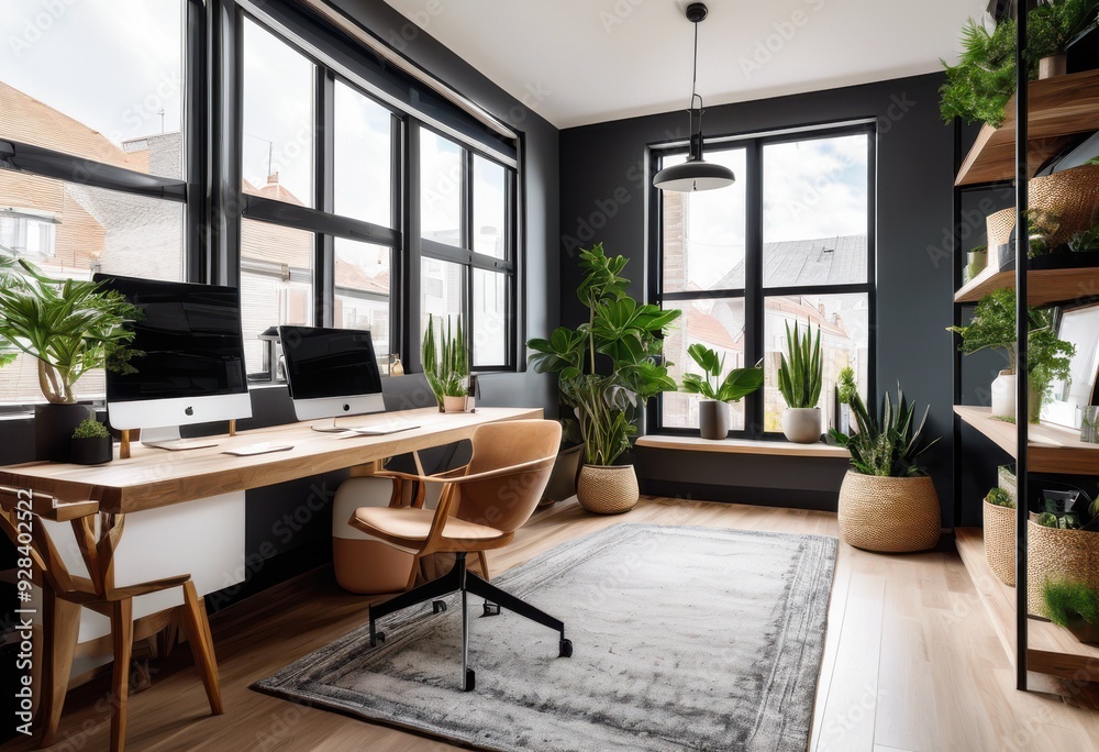 chic modern home office design featuring sleek furniture trendy decorative elements productive workspace, layout, stylish, interior, aesthetic, minimalist