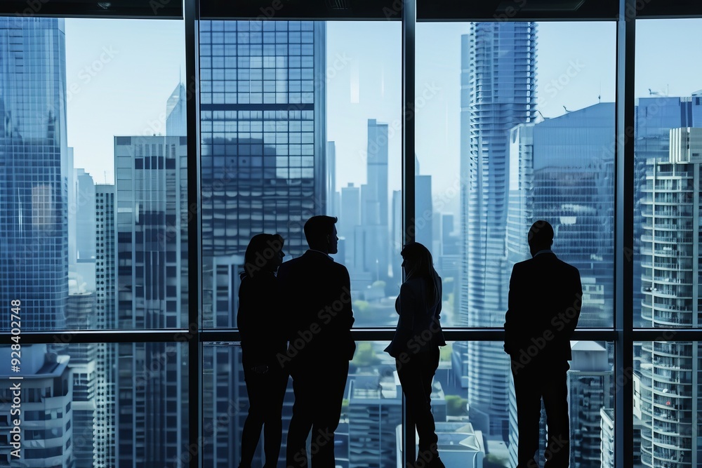 Business people meeting at highrise office window, Generative AI Business people meeting at highrise office window, Generative AI