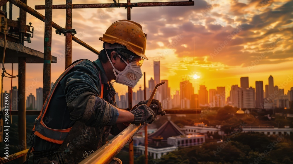 A construction worker in a high-grade dust mask, working atop scaffolding with a stunning city skyline in the background during sunset. A construction worker in a high-grade dust mask, working atop scaffolding with a stunning city skyline in the background during sunset.