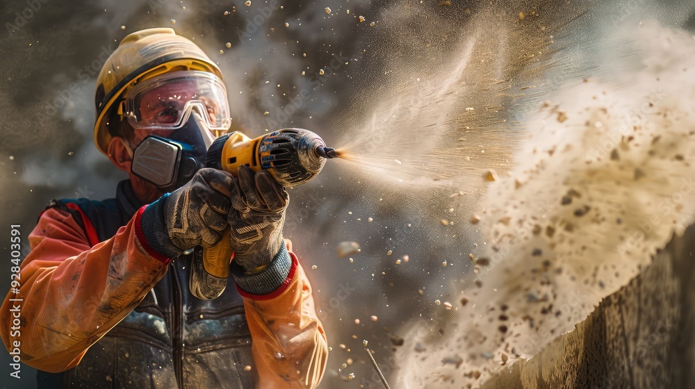 Obraz premium A construction worker wearing a high-grade dust mask and heavy-duty gloves, drilling into concrete and surrounded by airborne dust particles.