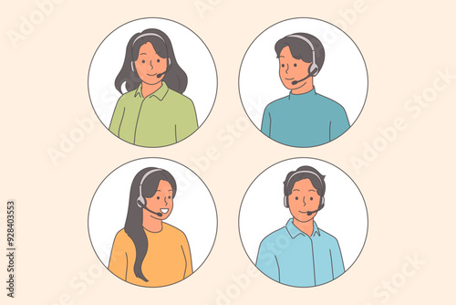 People call center agents with headset for phone conversations, answer users who applied to hotline