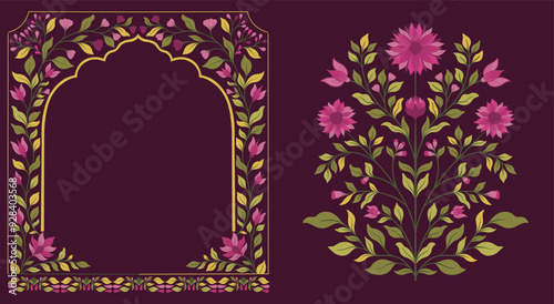 Mughal decorative ornamental floral. Vintage intricate traditional mughal style with flowers and foliage.