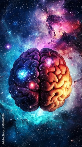 An imaginative depiction of a brain surrounded by cosmic elements, symbolizing creativity and the universe's mysteries. photo