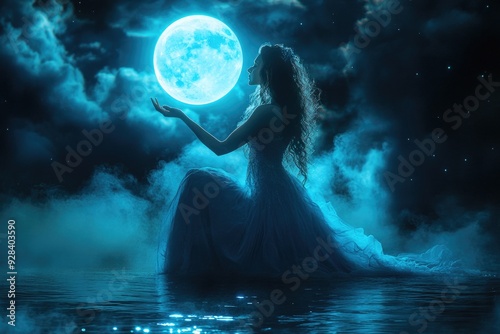 Woman holding full moon photo