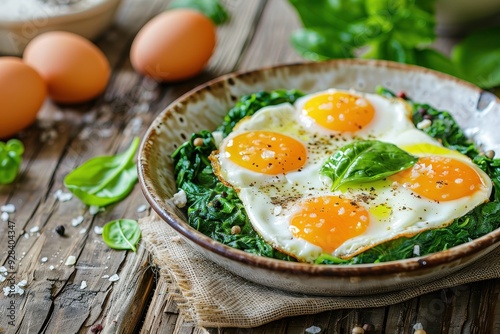 Florentine eggs and spinach puree on wooden table flat photo