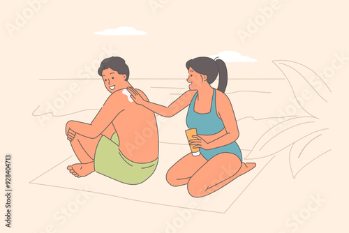 Woman applies SPF cream to groom back to avoid burns and harmful effects of solar radiation