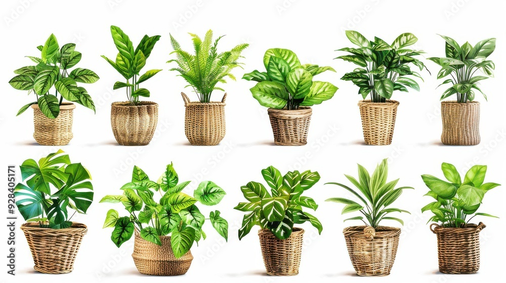 set of most popular houseplants in basket pots isolated on white background set of most popular houseplants in basket pots isolated on white background