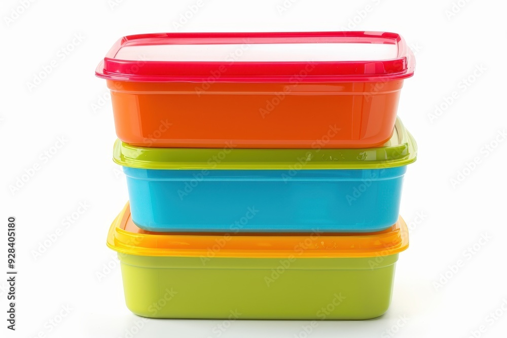 Four tiered rainbow food storage set on white background