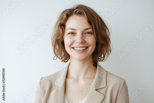 smiling blonde woman with white background