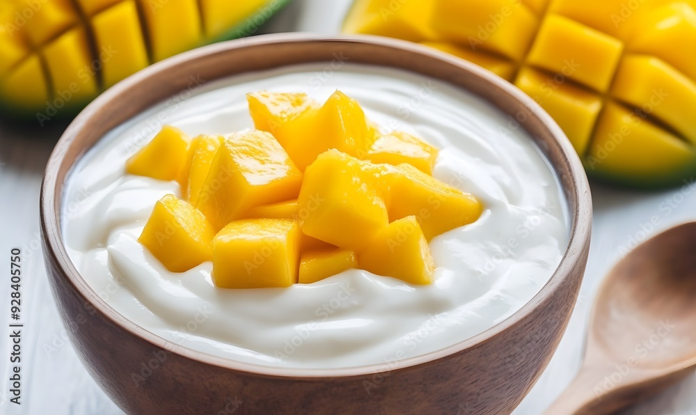 A creamy Greek yogurt, there are some pieces of fresh mango, Generative AI A creamy Greek yogurt, there are some pieces of fresh mango, Generative AI