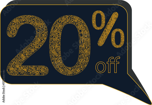 Discount sale off tag 20 percent. framework of floral motive with gold color, sale offer emblem, badge price discount number. Flat offer stamp, sticker clearance sale. Finance product emblem