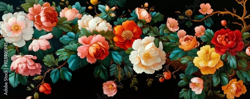 Wallpaper Mural Colorful floral arrangement painting featuring various blooming flowers with a dark background. Perfect for home decor and art enthusiasts. Torontodigital.ca