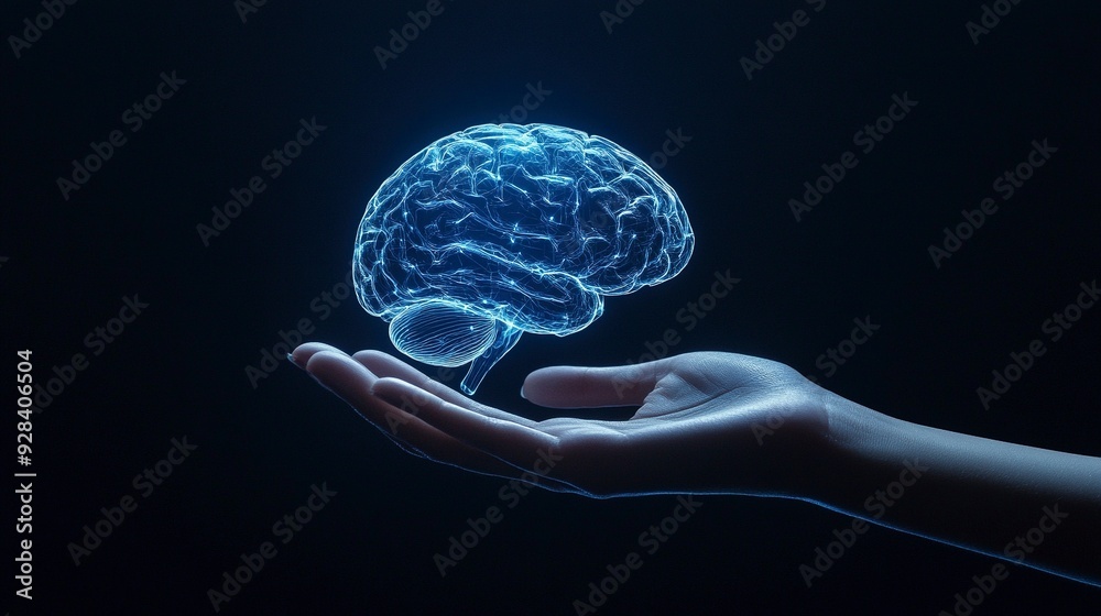 Hand Holding Human Brain - Futuristic Concept of Intelligence, science and mind. Generative ai Hand Holding Human Brain - Futuristic Concept of Intelligence, science and mind. Generative ai