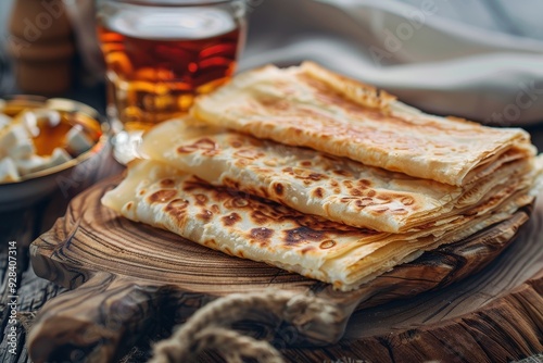 Freshly baked Turkish gozleme with feta cheese on a wooden board served with Turkish tea photo