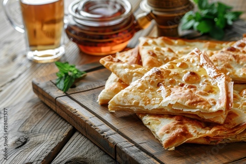 Freshly made Gozleme with feta cheese and Turkish tea on wooden board Traditional Turkish pastry photo