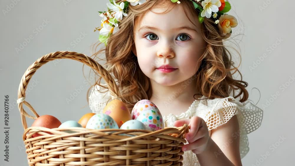 Adorable young girl with curly hair wearing a floral crown, holding a basket of colorful Easter eggs, celebrating Easter with innocence and joy.
Adorable young girl with curly hair wearing a floral crown, holding a basket of colorful Easter eggs, celebrating Easter with innocence and joy.