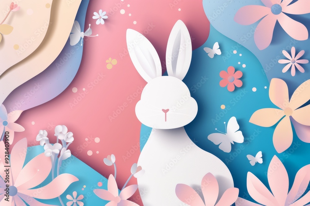 Easter Paper Card with Bunny, Rabbit Shape Frame, Spring Flowers on Colorful Geometric Background Easter Paper Card with Bunny, Rabbit Shape Frame, Spring Flowers on Colorful Geometric Background
