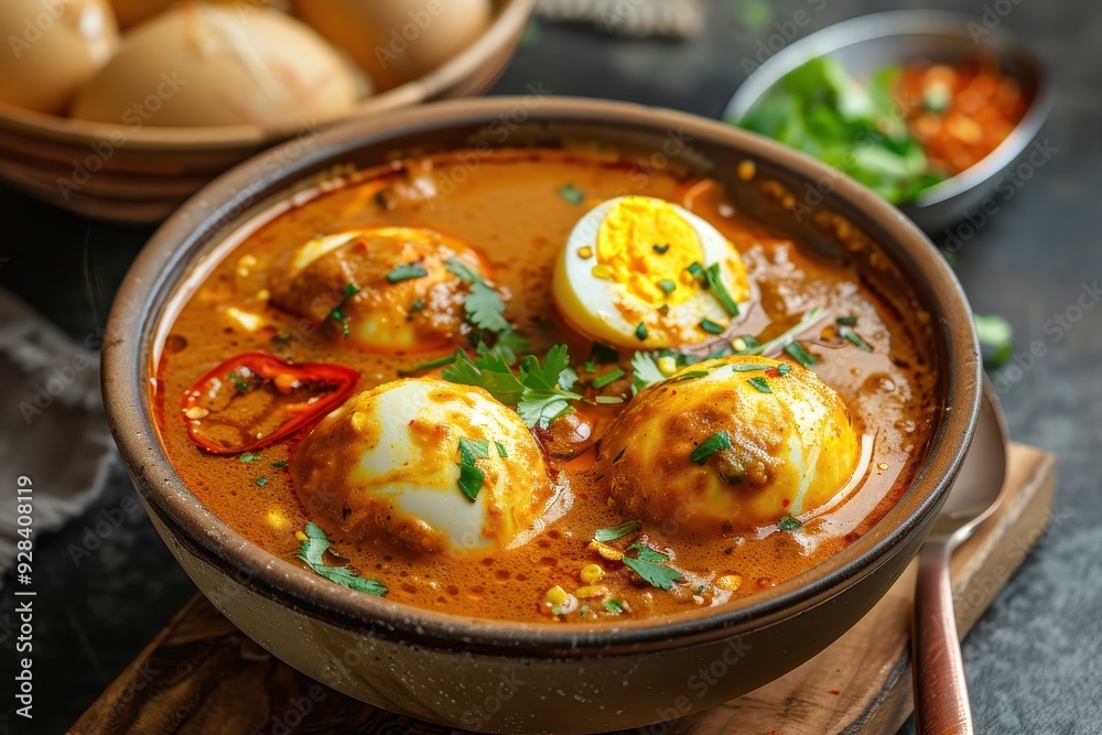 Fried egg curry served in a bowl with selective focus Fried egg curry served in a bowl with selective focus