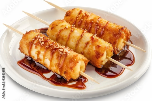 Fried egg rolls topped with sauce on white plate with white background photo