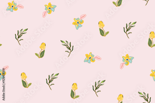 Cute feminine seamless watercolor pattern with little tiny wildflowers, hand drawn, not AI