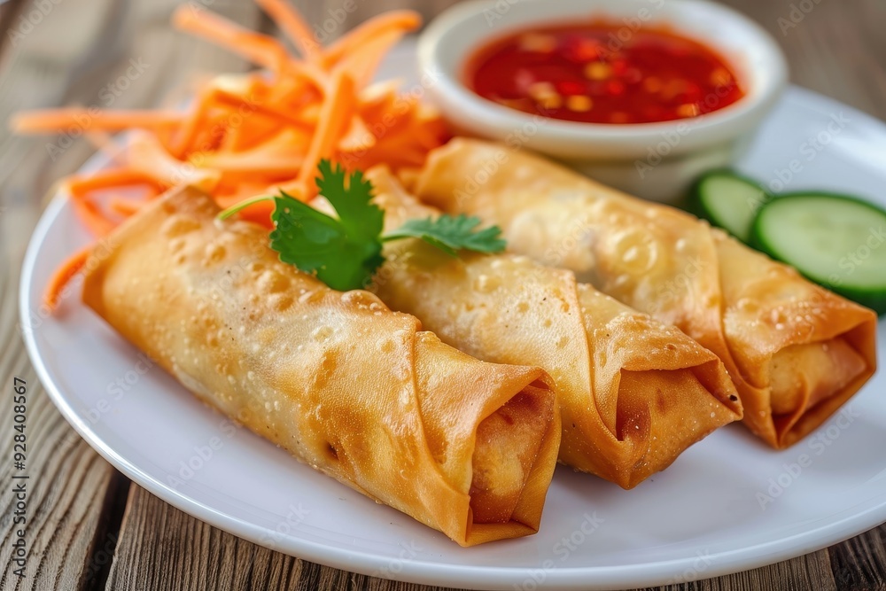 Fried spring rolls with spicy sauce on white plate Fried spring rolls with spicy sauce on white plate