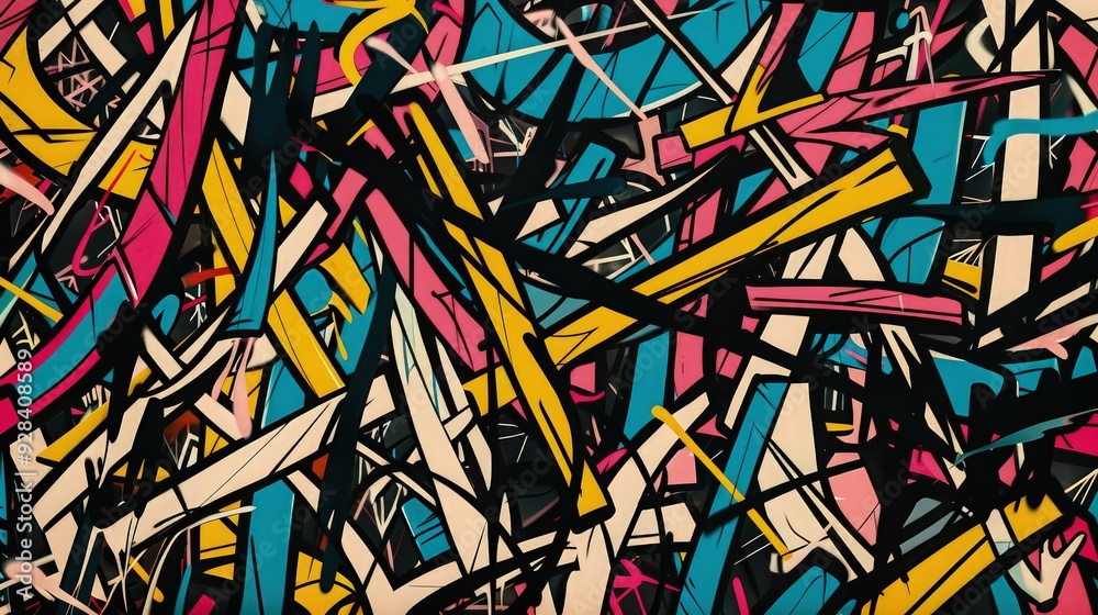 A continuous pattern of chaotic lines and shapes in a high-contrast color scheme, mimicking the spontaneous work of an abstract graffiti artist.