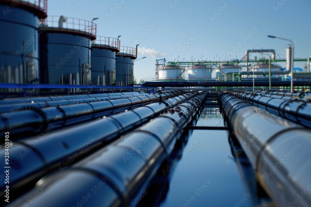 Fototapeta premium Fuel oil storage in horizontal tanks and pipeline
