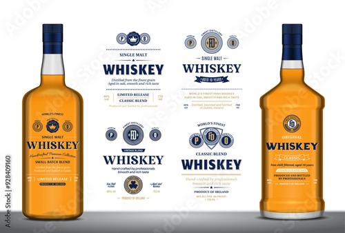 Vector whiskey labels and bottle mockups