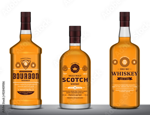 Vector whiskey, bourbon and scotch whisky labels and bottle mockups