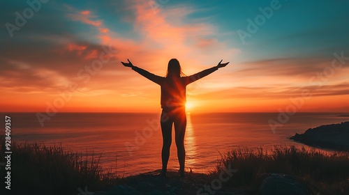 silhouetted against a vibrant sunset over a vast body of water. The sky is a canvas of fiery orange, pink, and blue hues, reflecting off the water's surface.