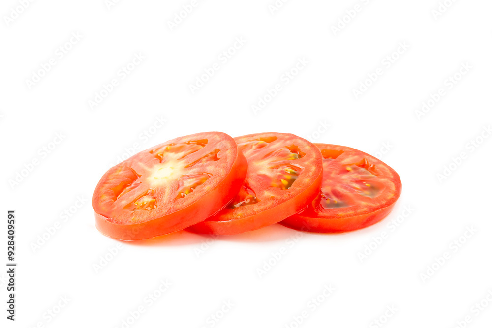 Fresh cherry tomatoes and fresh green basil isolated on white background. Tomato slices. Tomato sauce. Vegan. Ingredients for salad. Organic food. Place for text. Copy space.