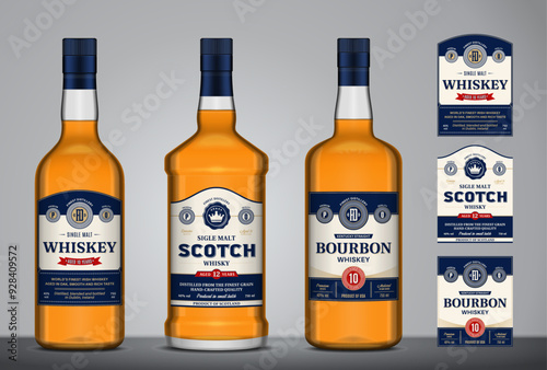 Vector whiskey, bourbon and scotch whisky labels