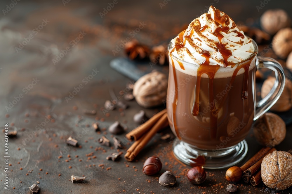 Glass cup filled with dark chestnut hot chocolate whipped cream caramel sauce chestnuts on dark table with space for text Glass cup filled with dark chestnut hot chocolate whipped cream caramel sauce chestnuts on dark table with space for text