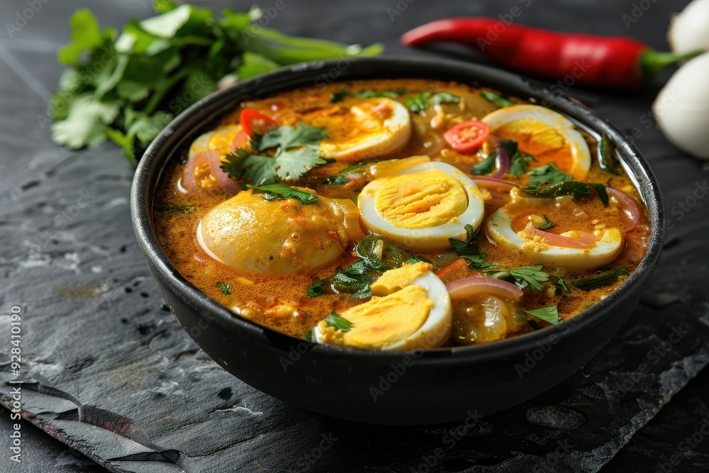 Golden Egg Curry in black bowl on dark background Popular Burmese dish with eggs tomatoes ginger onion cilantro and spices