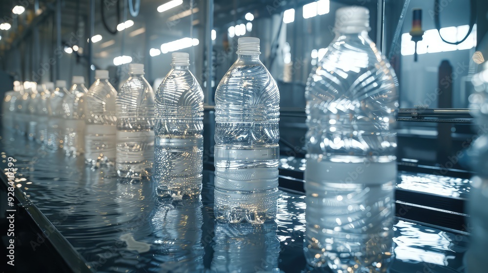 A detailed image of a factory where plastic bottles are being sanitized