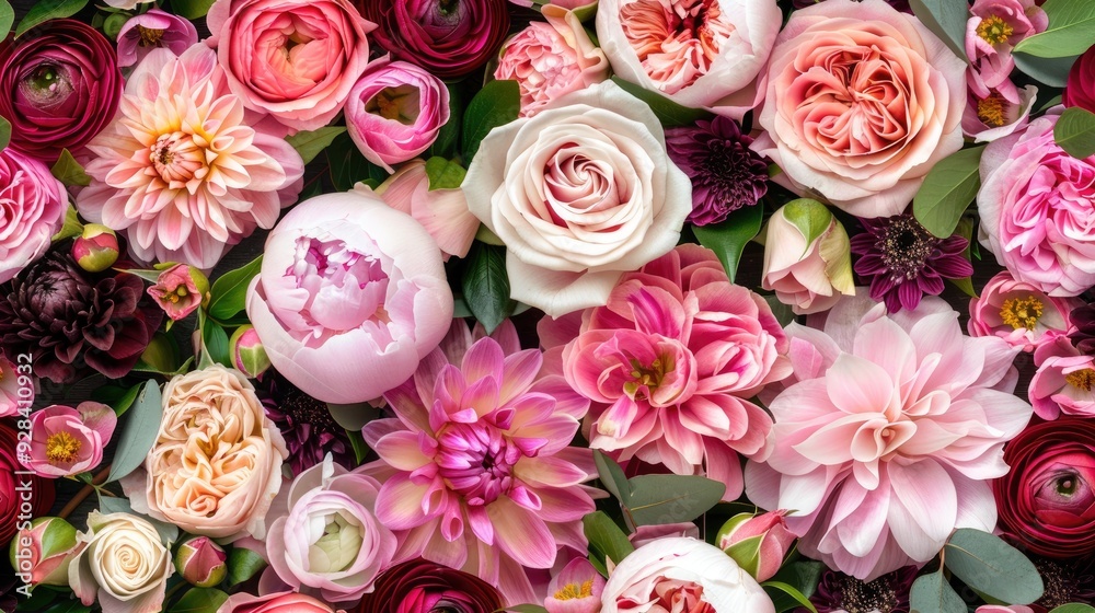 A stunning display of mixed flowers in shades of pink, white, and red, arranged beautifully against a contrasting dark backdrop, creating an elegant visual impact SEAMLESS PATTERN A stunning display of mixed flowers in shades of pink, white, and red, arranged beautifully against a contrasting dark backdrop, creating an elegant visual impact SEAMLESS PATTERN