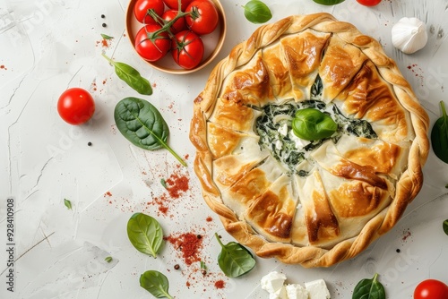 Greek pie with spinach and feta cheese on a bright background photo