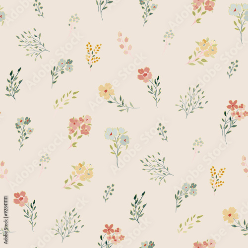 Cute feminine seamless watercolor pattern with little tiny wildflowers, hand drawn, not AI