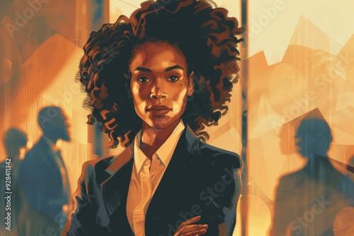Generative AI illustration of serious african american businesswoman with curly hair in elegant suit while standing in office against blurred people, Generative AI
