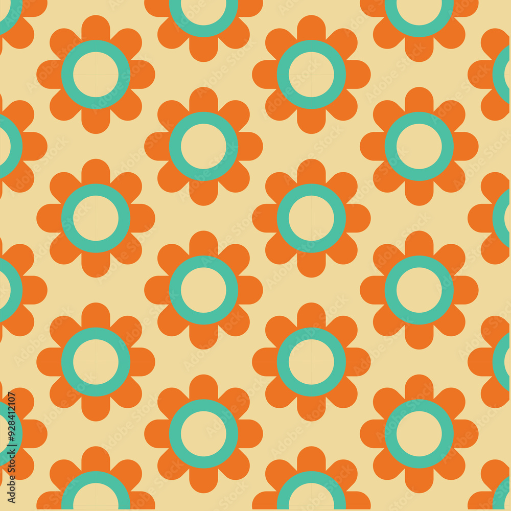70's Retro Seamless Pattern, 60s and 70s Aesthetic Style, floral groovy pattern in beige, turquoise and orange colors.